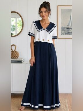 Vintage 90s Robbie Bee Nautical Sailor Collar Maxi Dress Navy White Size 6